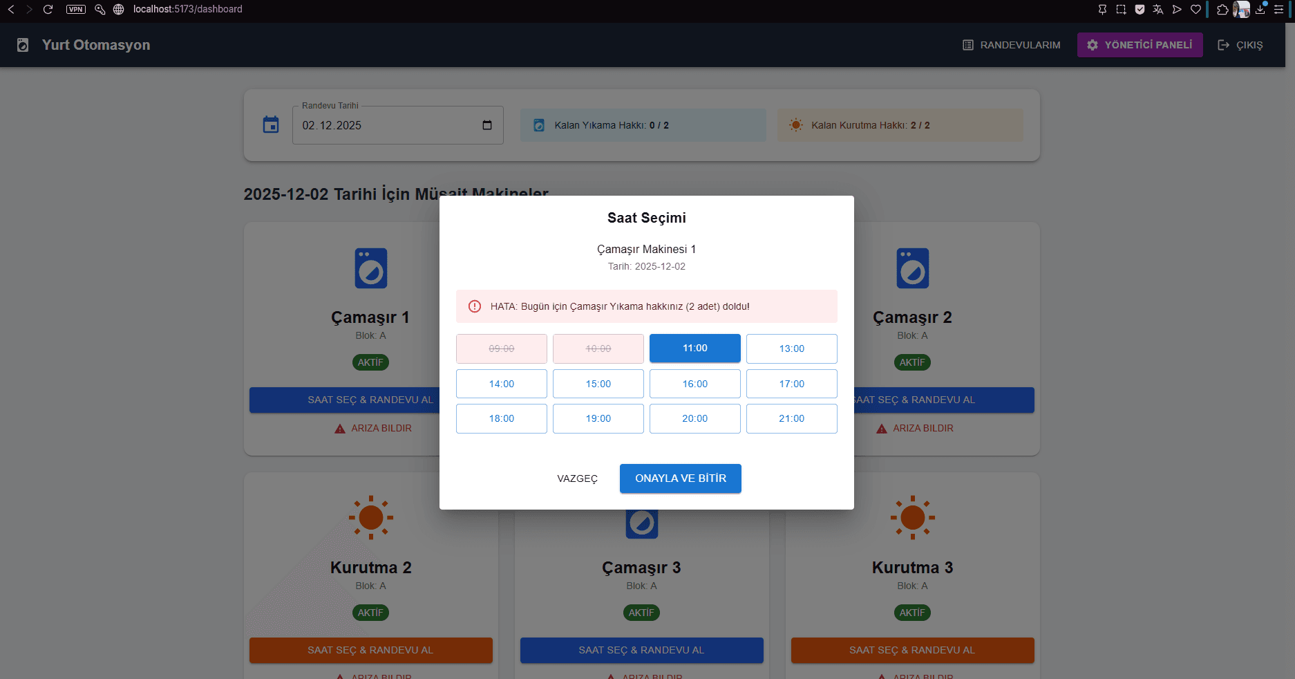 Laundry reservation dialog displaying a daily washing quota validation message