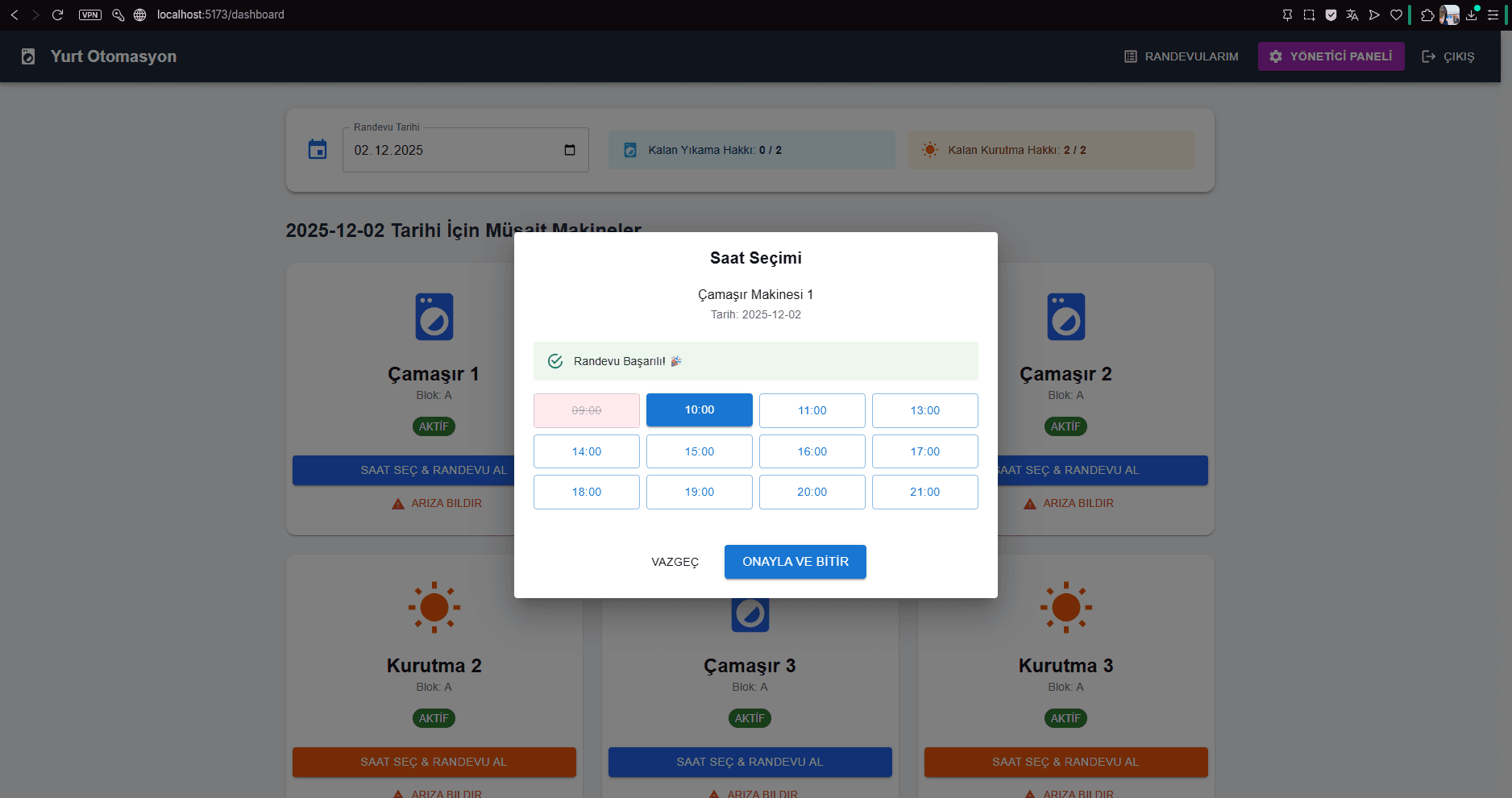 Reservation dialog showing one-hour laundry time slots and a successful booking confirmation
