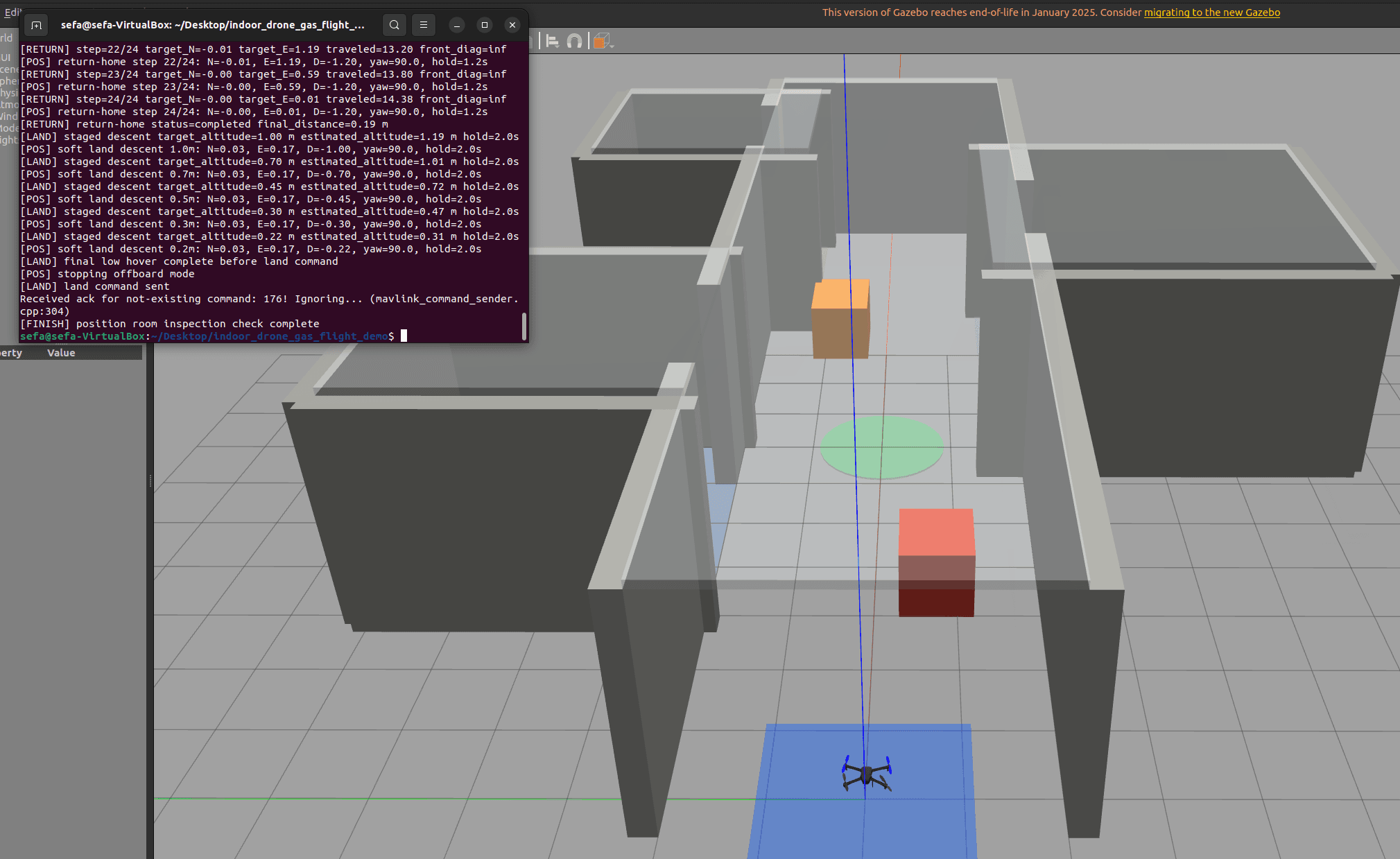 Gazebo indoor simulation showing the autonomous drone mission and completed return-home sequence