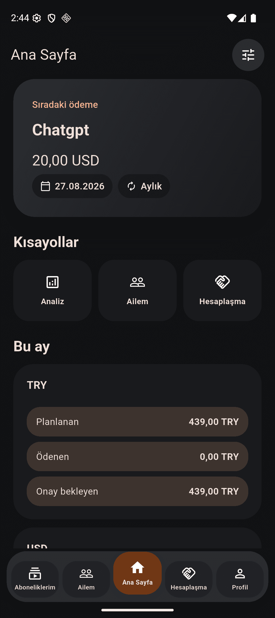 Subscription Tracker dashboard showing upcoming payment, monthly summary and quick actions