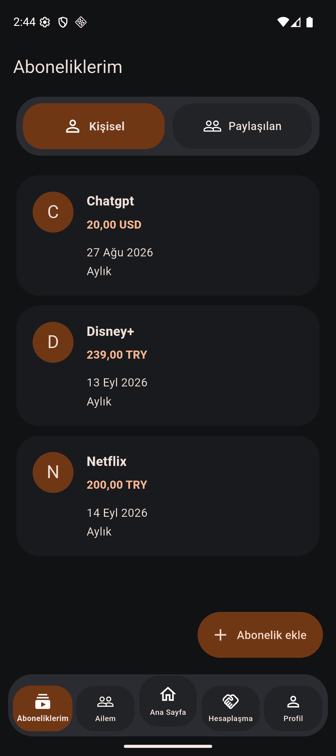 Subscription Tracker subscriptions screen listing active services