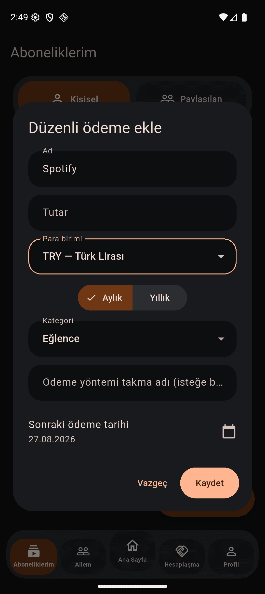 Subscription Tracker add recurring payment form screen