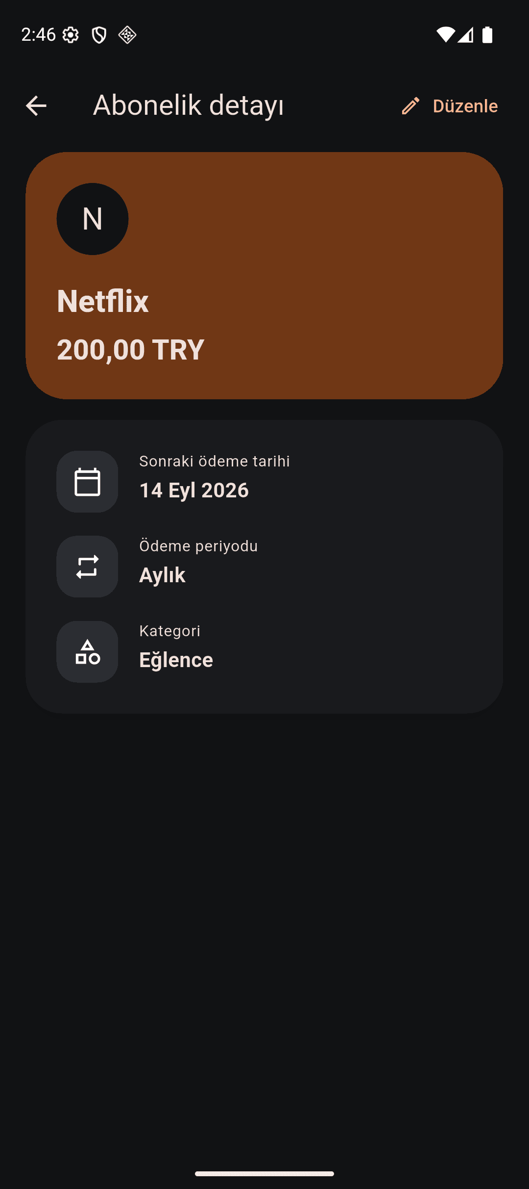 Subscription Tracker subscription detail screen with billing information